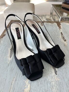 Nina Black Satin Peep-Toe Slingback Heels with Bow Accent
